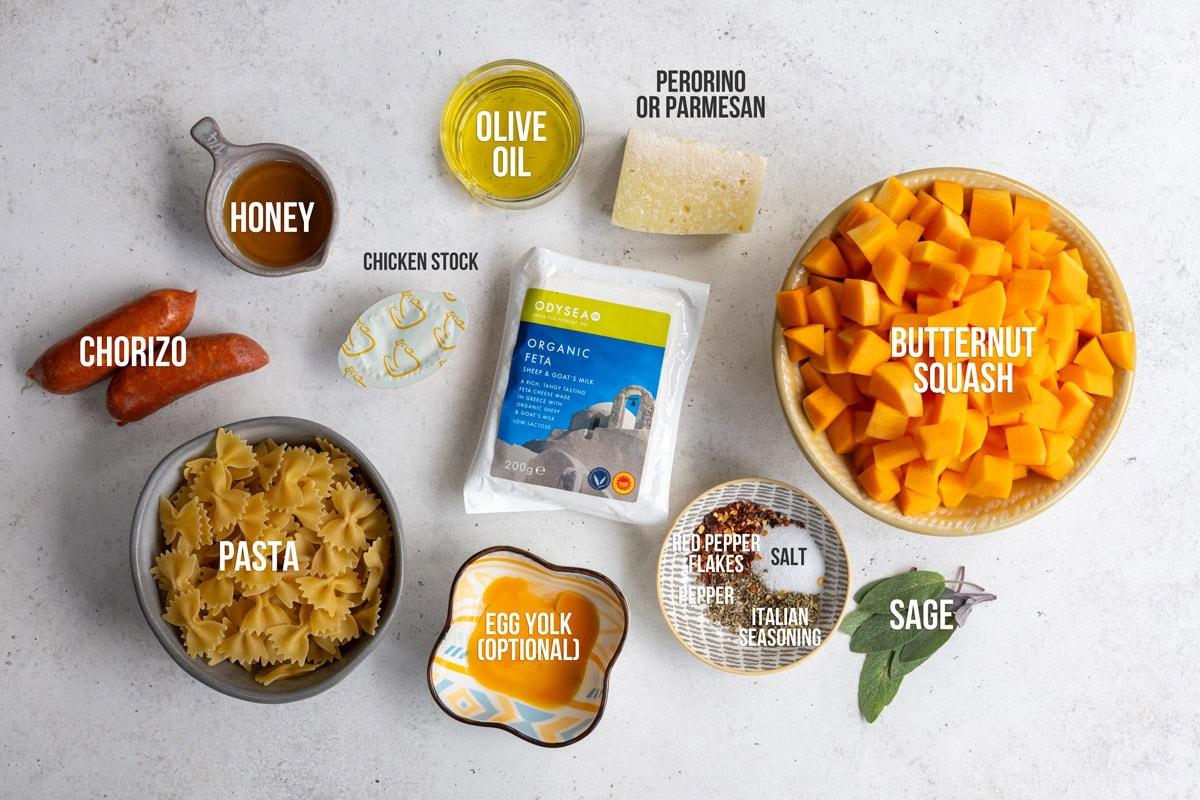 ingredients for baked feta and butternut squash pasta, labelled