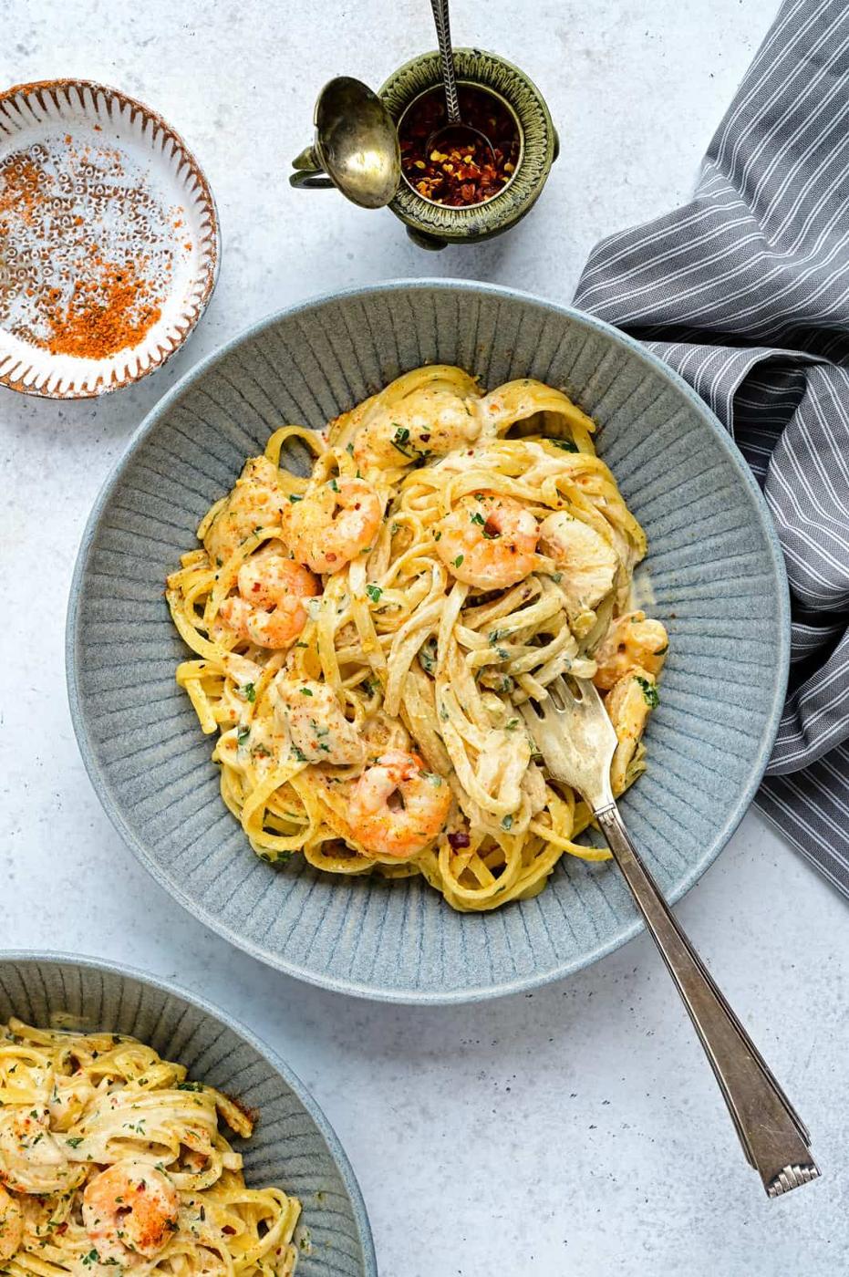 overhead view of Cajun Chicken and Shrimp Alfredo linguine