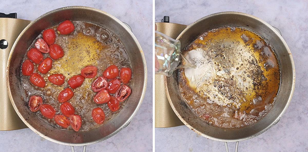 Two images of a metal skillet: the left shows halved cherry tomatoes sautéing in brown sauce; the right shows liquid being poured into the empty skillet with browned bits and residue left behind.