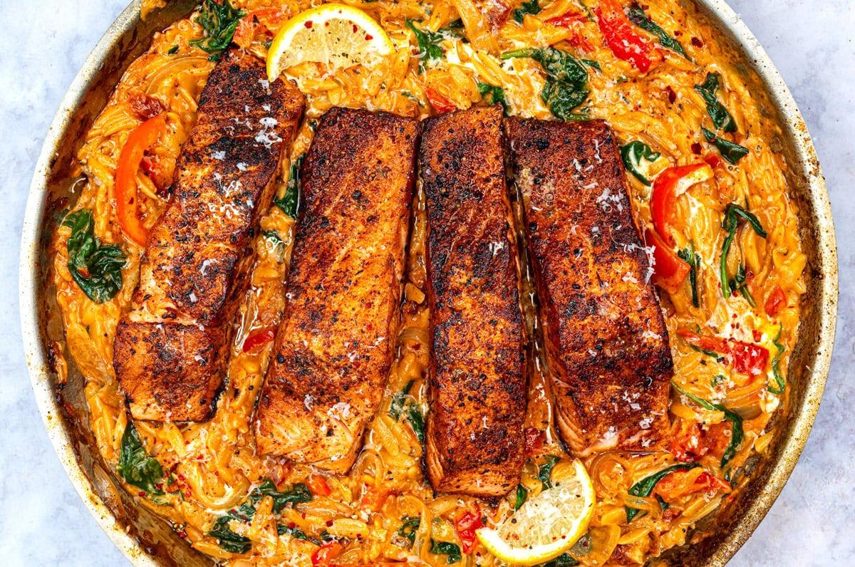 Creamy Cajun Salmon Orzo (One Pan – 30 minutes!)