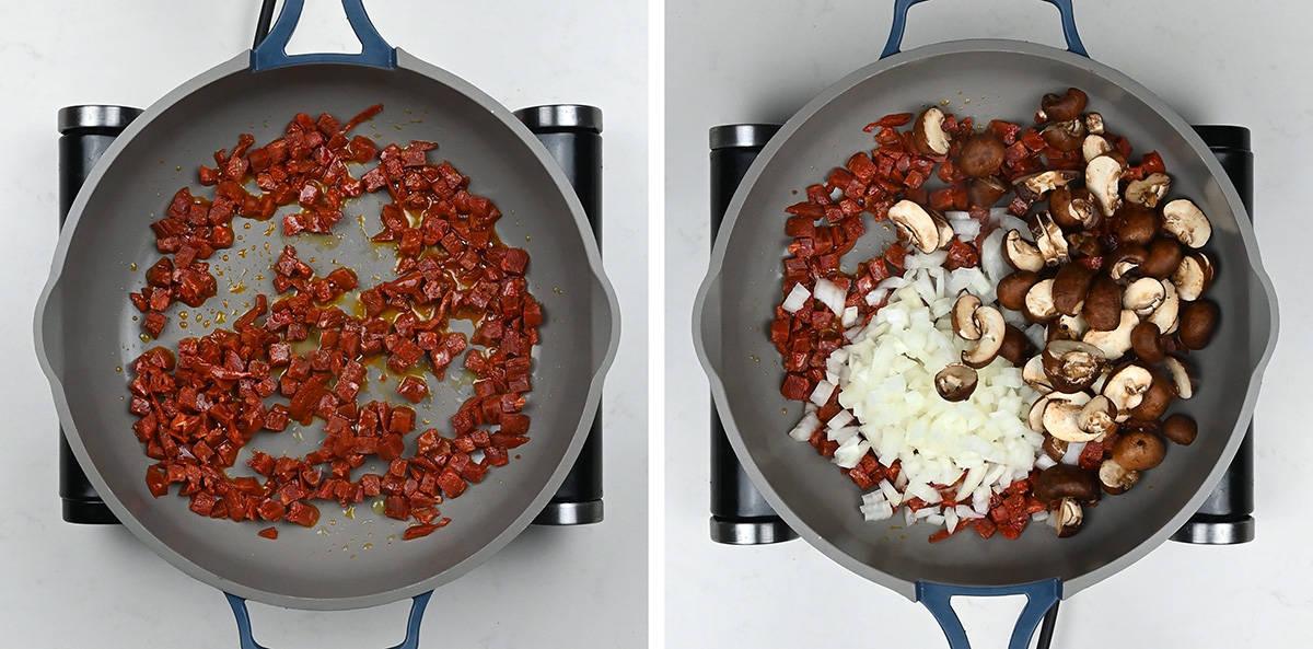 Pan frying chorizo and onion in a pan