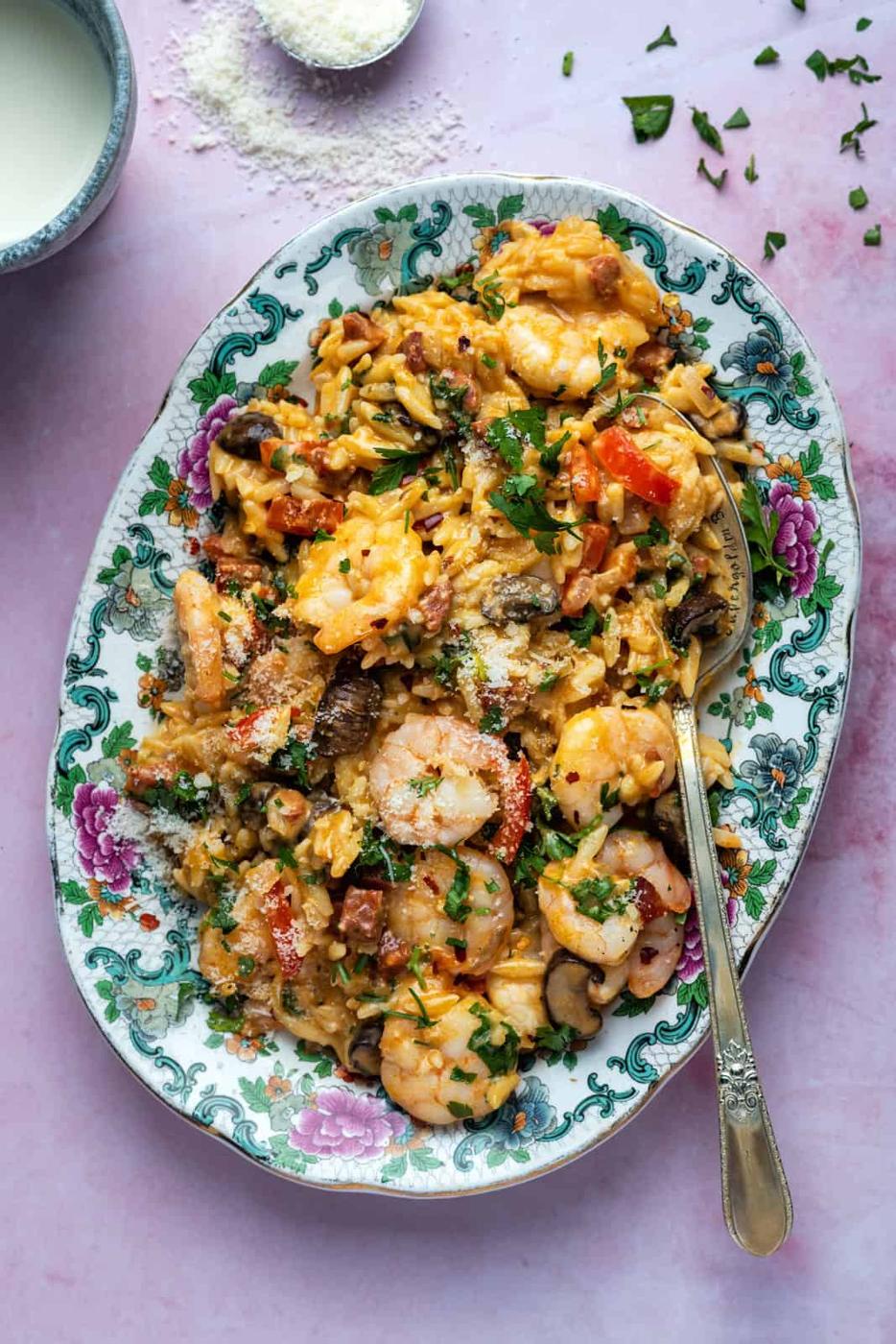 Platter with creamy Cajun shrimp prep