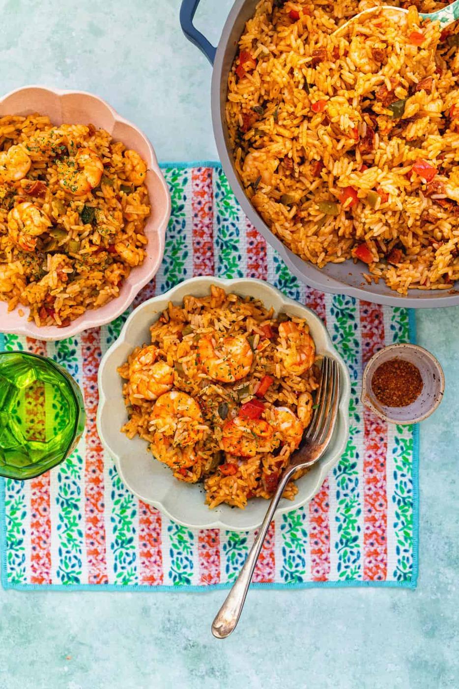 Two bowls of shrimp and rice