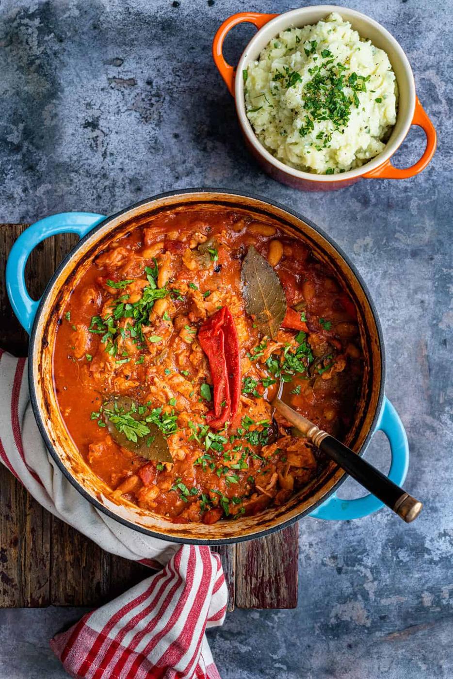 Campfire stew in a cast iron pot
