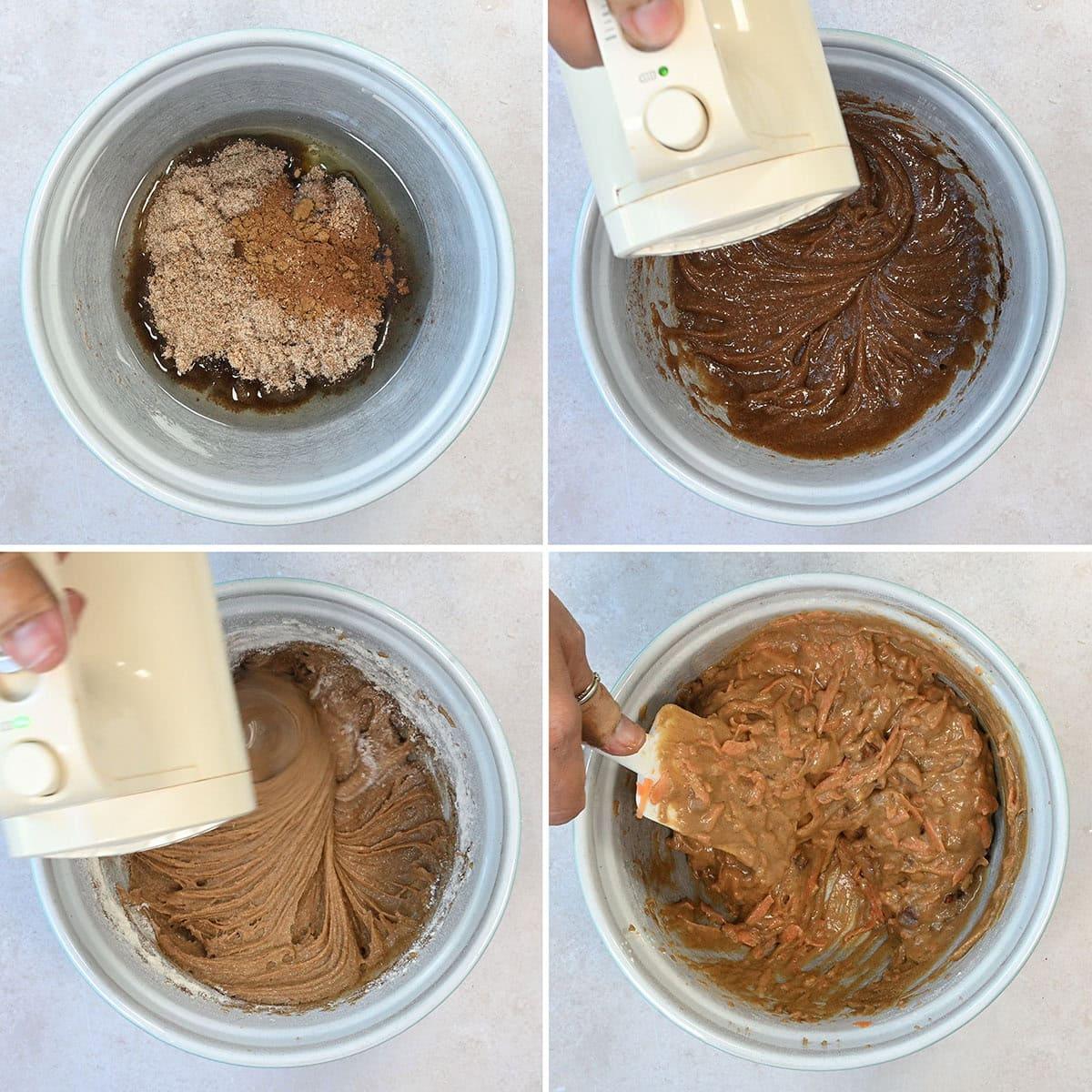 Four-panel image showing the process of mixing carrot cake muffin batter: starting with dry and wet ingredients in a bowl, then mixing with a hand mixer, and ending with a thick, blended batter with visible grated carrots.