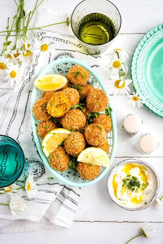 Carrot falafel with tahini yogurt dipping sauce