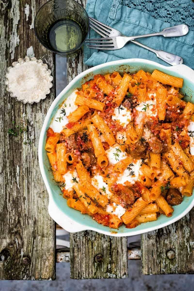 Cheesy sausage and pasta bake