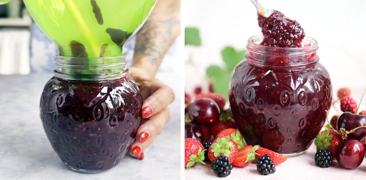 Left: A person pours dark, reduced sugar berry jam into a glass jar. Right: An open jar of reduced sugar berry jam with a spoon, surrounded by strawberries, blackberries, and cherries on a light surface.