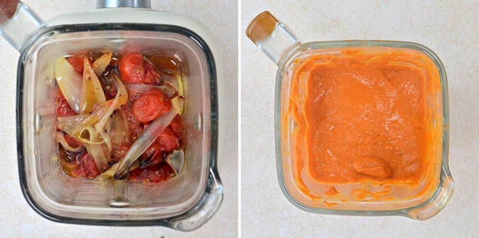 Side-by-side images of a blender: the left shows roasted vegetables including tomatoes and onions before blending; the right shows the resulting smooth orange sauce after blending.