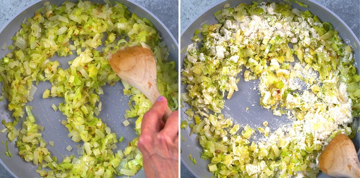 Side-by-side images showing chopped leeks being sautéed in a pan; the left side shows leeks cooking, and the right side shows flour being stirred in with a wooden spoon.