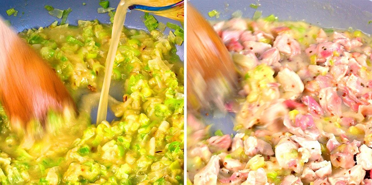 Side-by-side images showing a close-up of chopped vegetables and broth being stirred in a pan on the left, and pieces of raw chicken being mixed into the sautéed vegetables on the right.