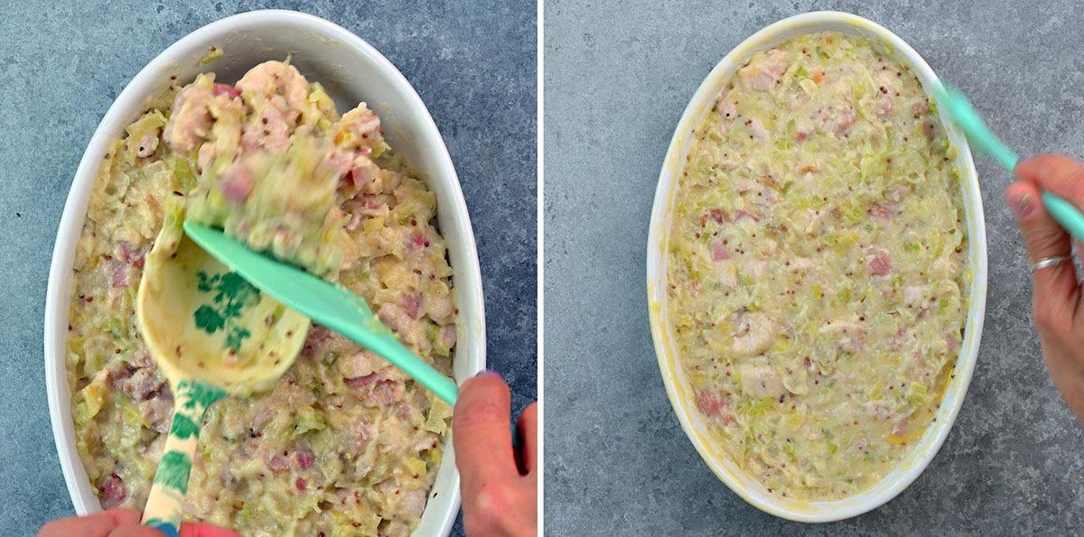 Two side-by-side images show hands mixing a creamy casserole with chunks of ham and vegetables in an oval white dish using a green spatula, on a gray tabletop background.