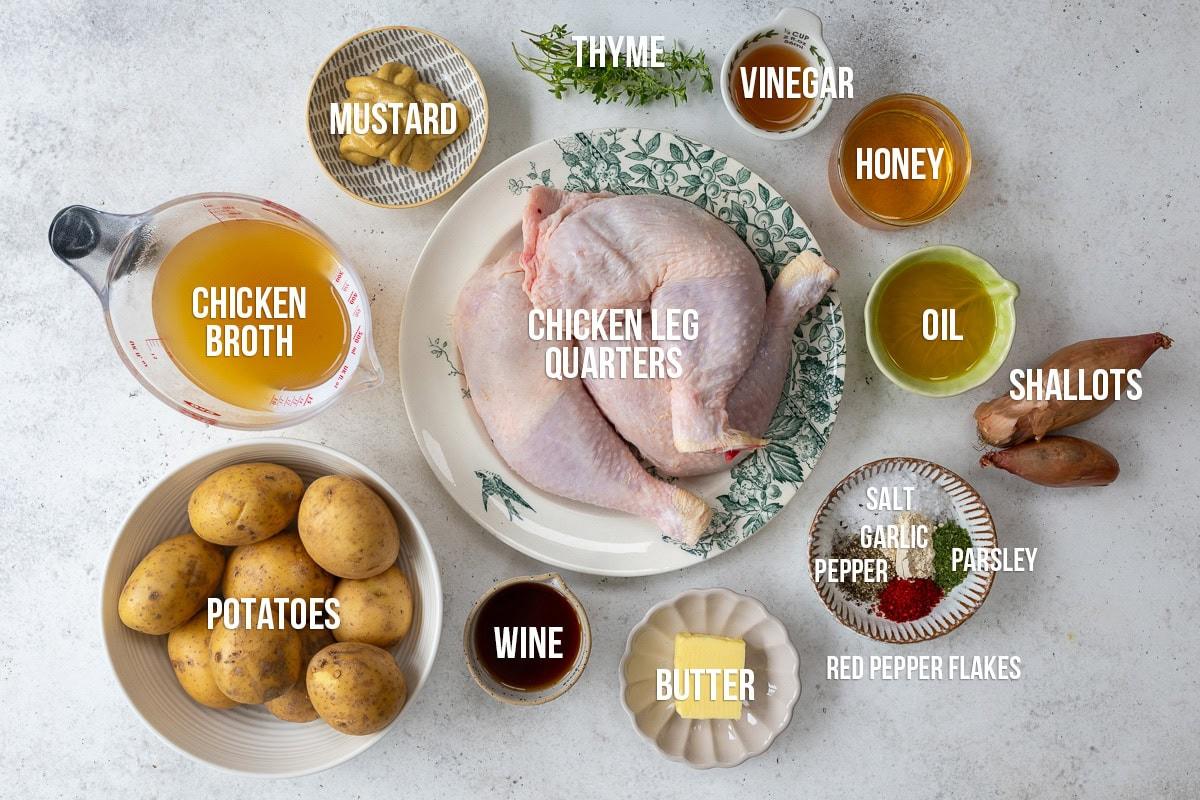 ingredients for one pan chicken and potatoes, with captions