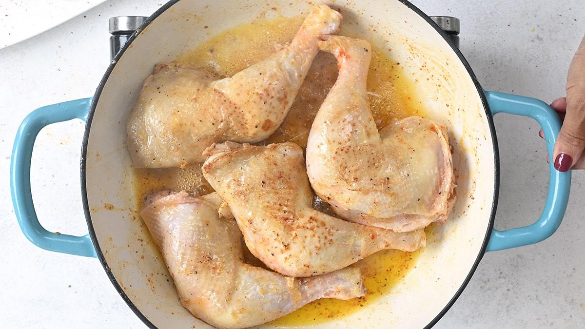searing chicken leg quarters in a casserole