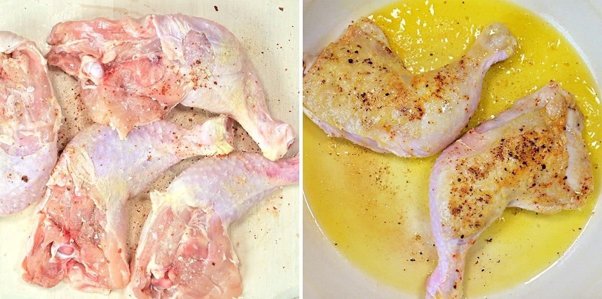Split image: Left side shows raw, seasoned chicken legs on a white surface; right side shows cooked chicken legs in a yellow, oily liquid in a white dish.