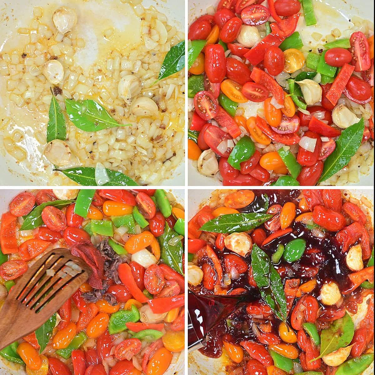 Four-panel collage showing the process of cooking a tomato-based sauce: sautéing onions, garlic, and bay leaves; adding chopped tomatoes and peppers; stirring vegetables with a wooden spoon; simmering sauce with added liquid.