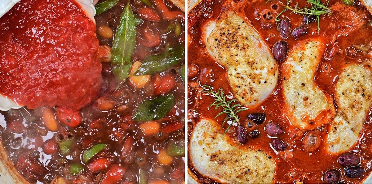 Split image: Left side shows tomato sauce being poured into a pan with chopped vegetables and herbs. Right side shows cooked chicken breasts in tomato sauce with black olives and herbs on top.