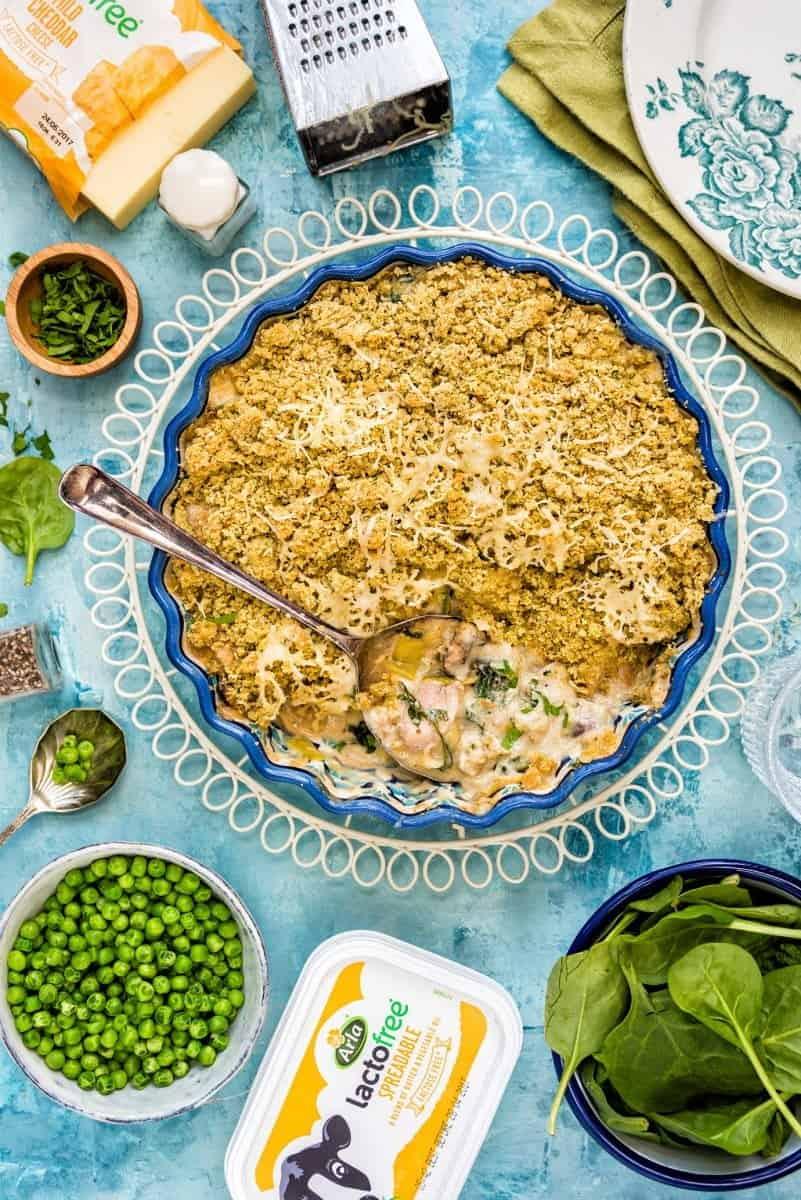 Lighter chicken casserole with crumble topping