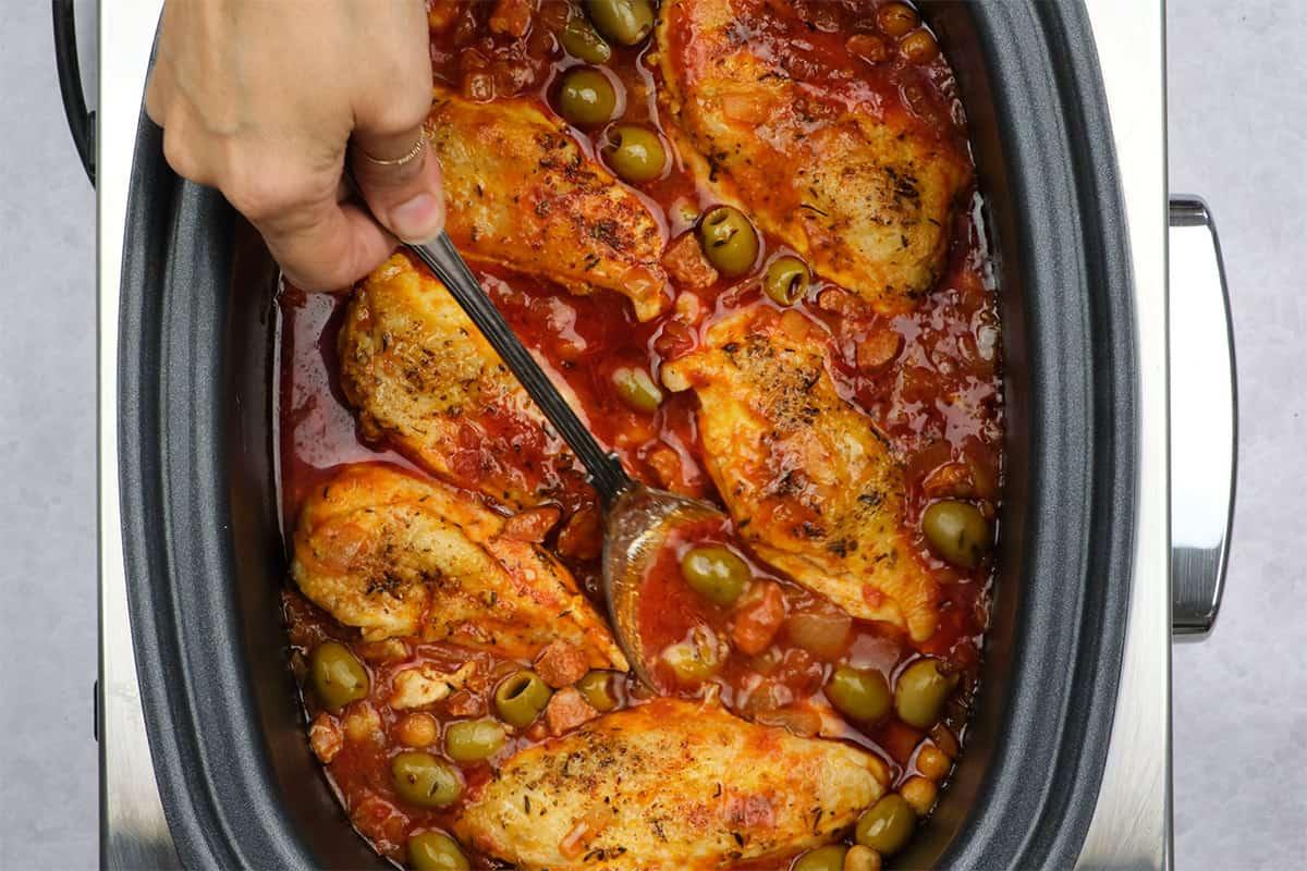 Chicken in a slow cooker.