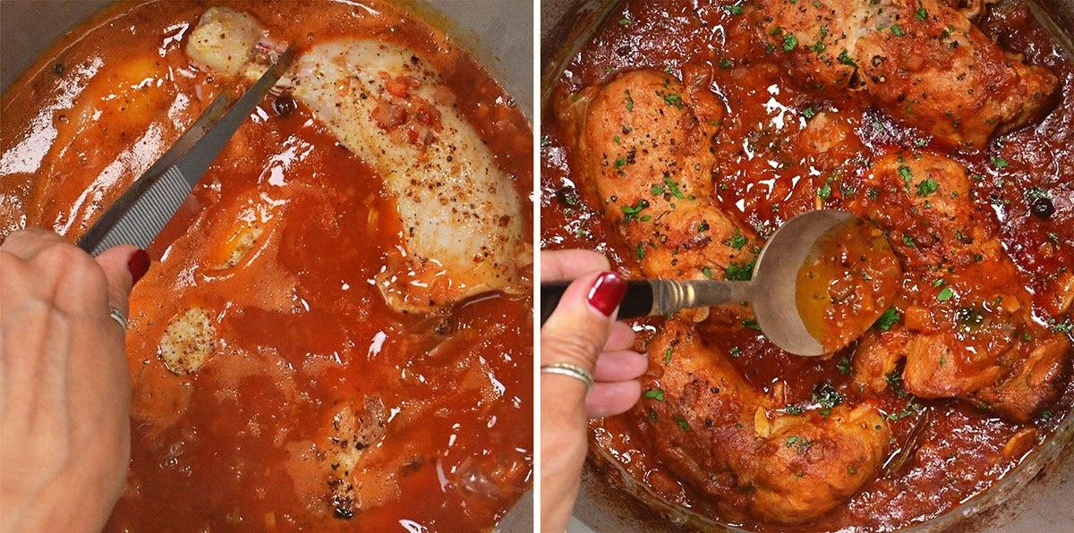 Two side-by-side images show chicken simmering in a rich tomato-based sauce. In both, a hand is seen cooking; on the left, checking the chicken, and on the right, ladling sauce over cooked chicken pieces.