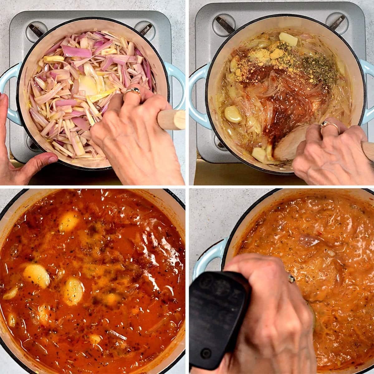 A four-panel collage shows hands cooking in a pot: first adding chopped shallots, then stirring spices, next simmering a tomato-based sauce with visible herbs and garlic, and finally blending the thickened sauce.
