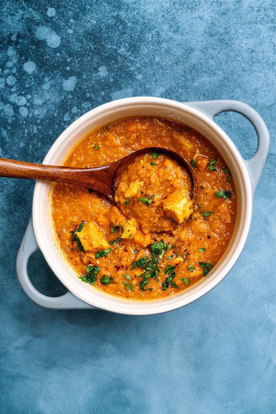 Pot of chicken and lentil soup with a ladle