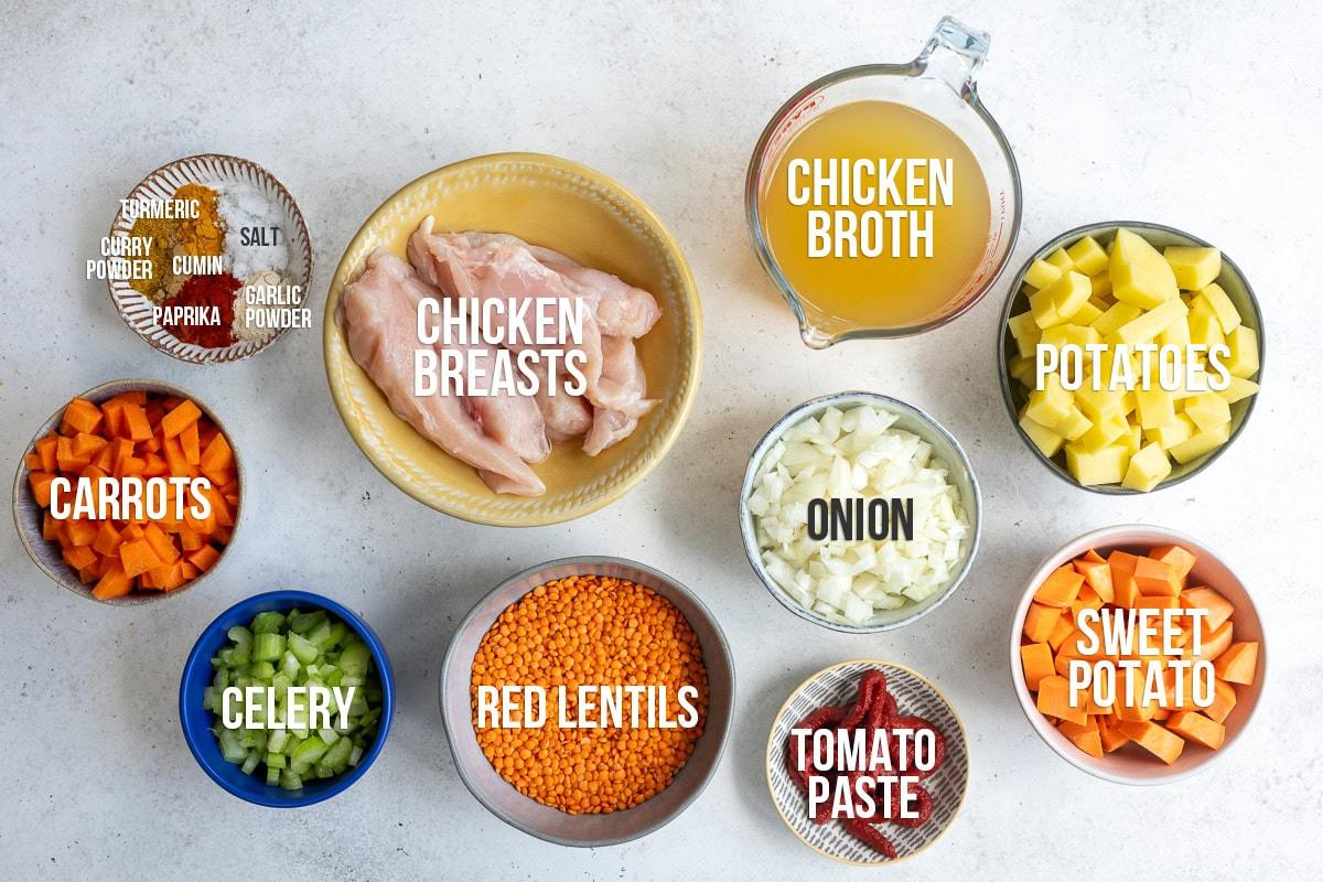 ingredients for chicken lentil soup with captions