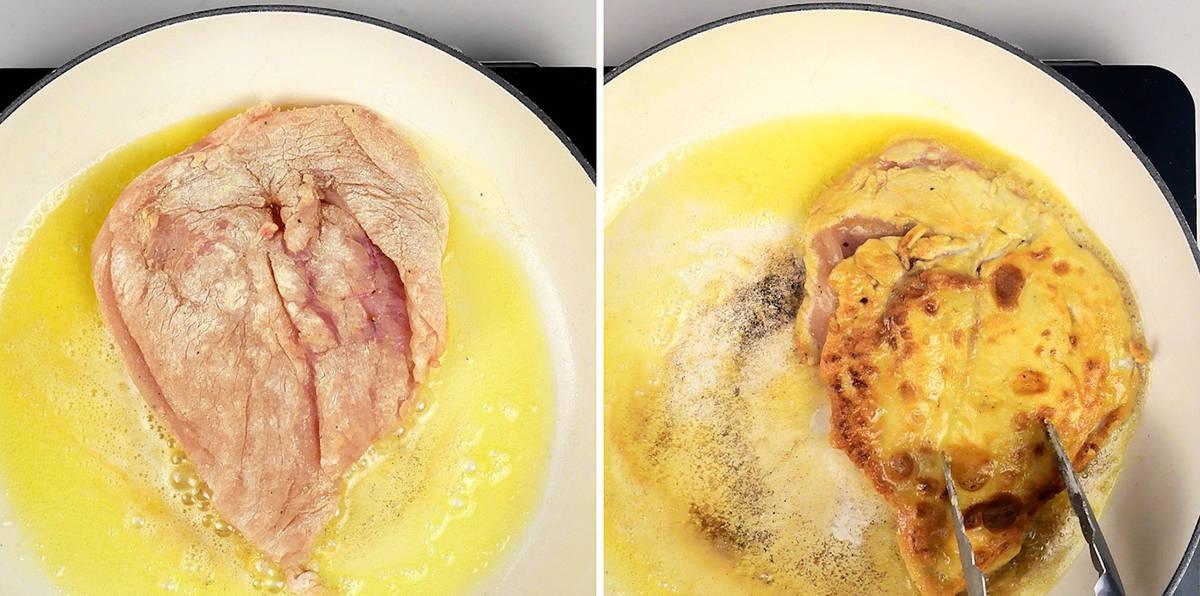 Side-by-side images showing a raw breaded chicken breast frying in butter on the left, and on the right, the Chicken Marsala being flipped with tongs as its coating turns golden brown in the pan.