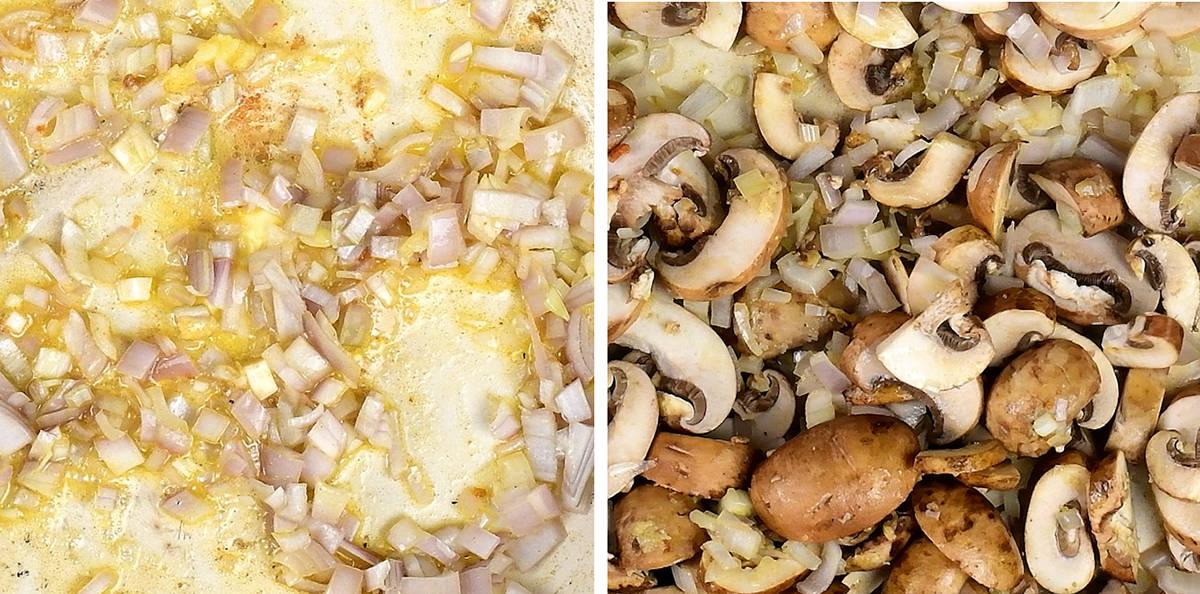 Side-by-side images: On the left, diced shallots sauté in melted butter. On the right, sliced brown mushrooms join the shallots—classic Chicken Marsala ingredients sizzling together in the pan.