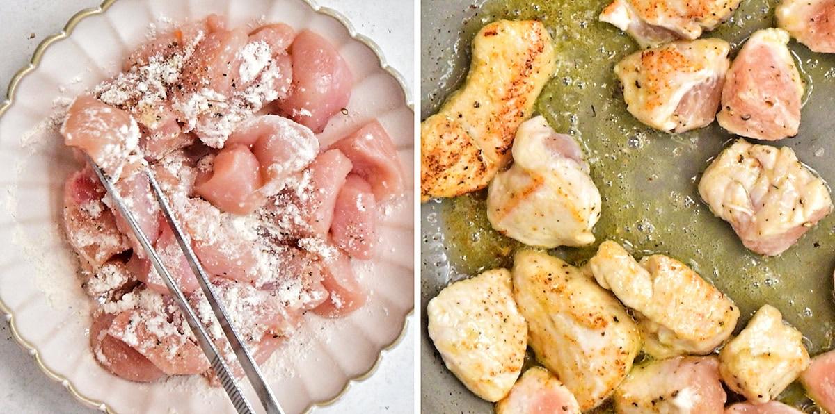 Left: Raw chicken pieces coated with flour on a white plate, being handled with tongs. Right: The coated chicken pieces are being cooked and lightly browned in a pan with oil.