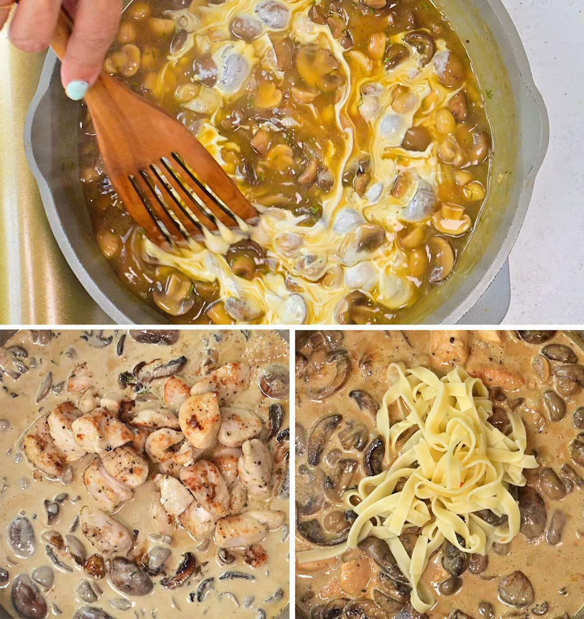 A hand stirs a creamy mushroom sauce in a pan. Below, cooked chicken, mushrooms, and sauce are mixed together, and fresh tagliatelle pasta is added before serving.
