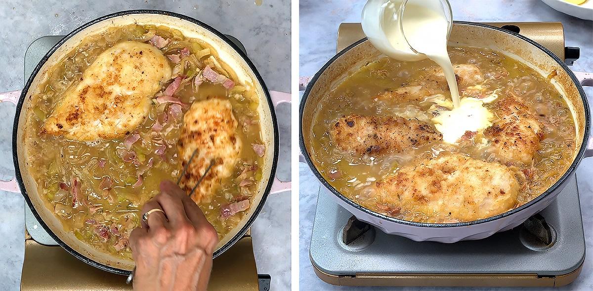 Two images: Left, a hand stirs chicken breasts in a pan with sauce and ham. Right, cream is poured into the same pan with chicken and sauce, still cooking on the stove.