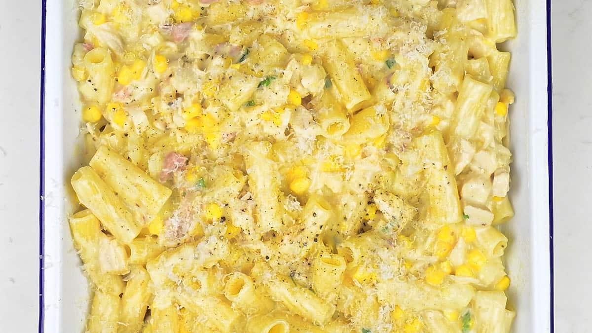 Chicken and bacon pasta in an ovenproof baking dish