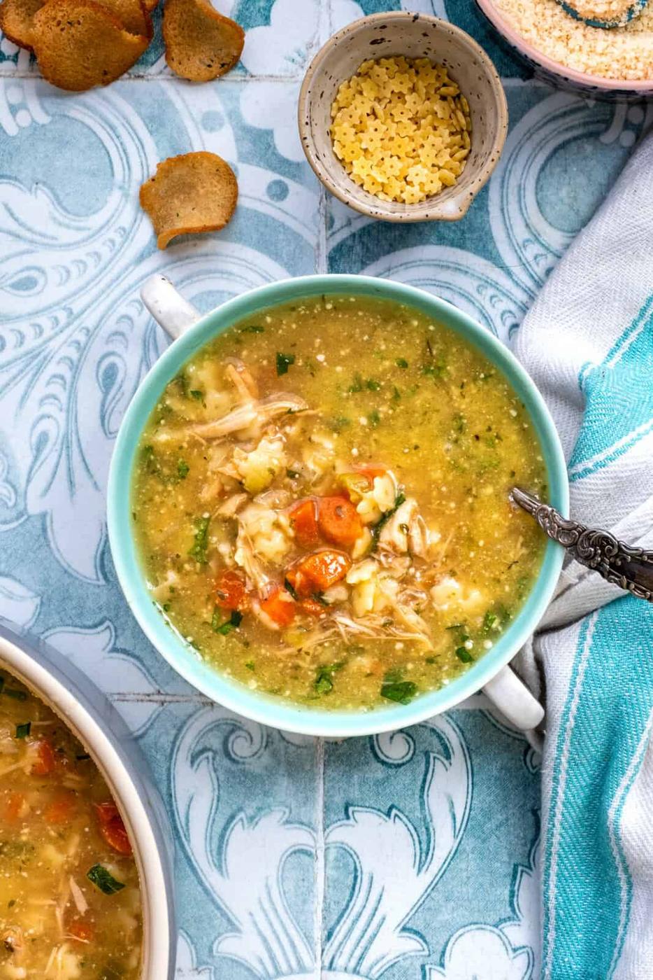 Chicken pastina soup in a bowl