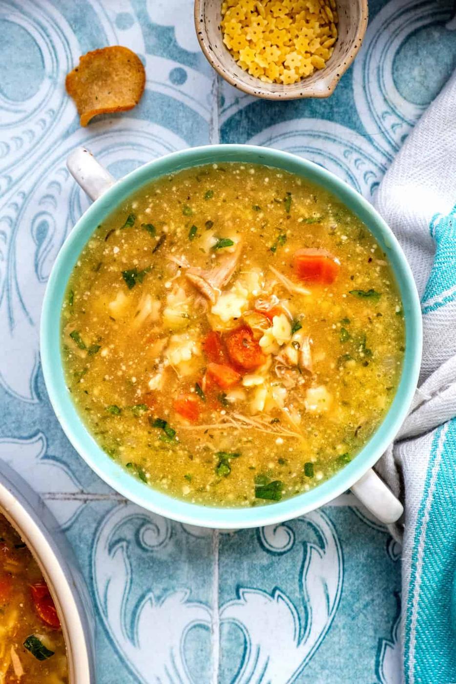 close up on a bowl of italian chicken soup