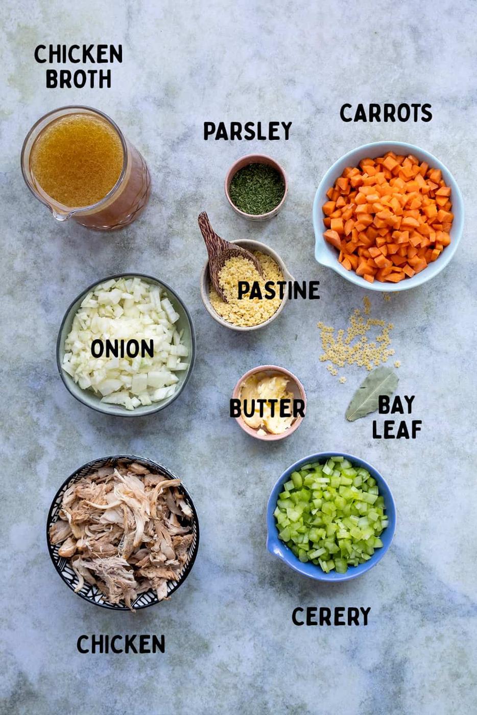 Ingredients for Chicken pastina soup in small bowls with captions