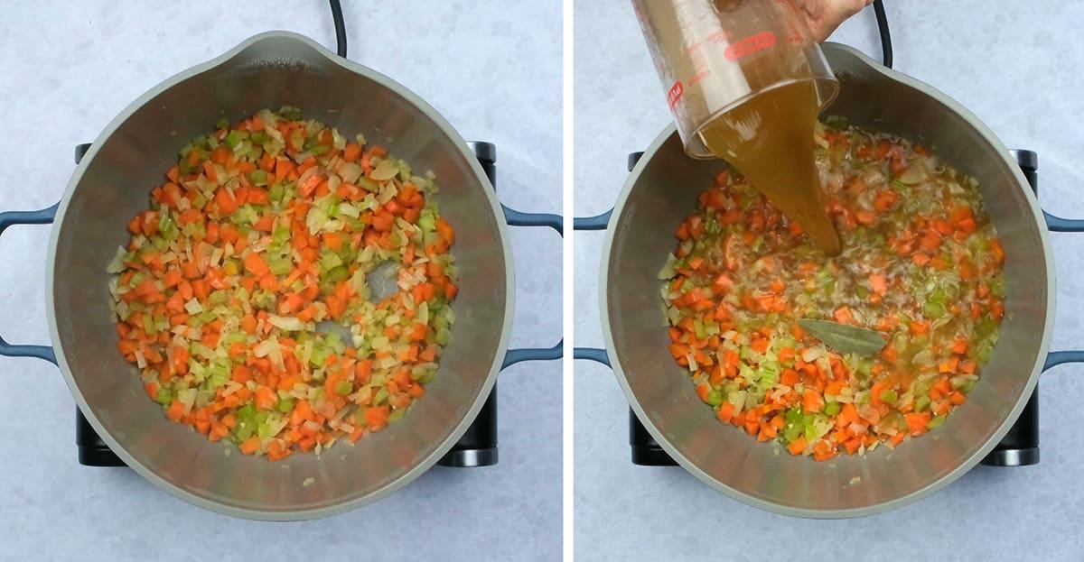 Preparing pastina soup with chicken in a pot