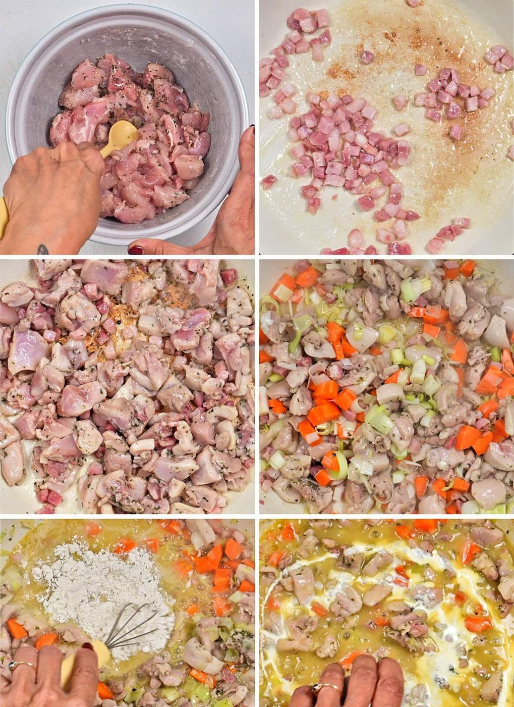 Six-photo collage showing steps of cooking chicken shepherd's pie: seasoning raw chicken, sautéing bacon, adding chicken to the pan, mixing in carrots and celery, whisking in flour, and stirring as the dish simmers.