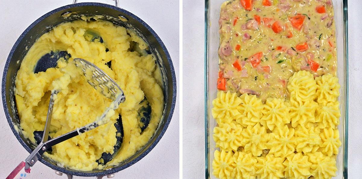 Split image: Left side shows a pot of mashed potatoes with a masher. Right side shows a baking dish with creamy vegetable and meat filling, half topped with piped mashed potatoes.
