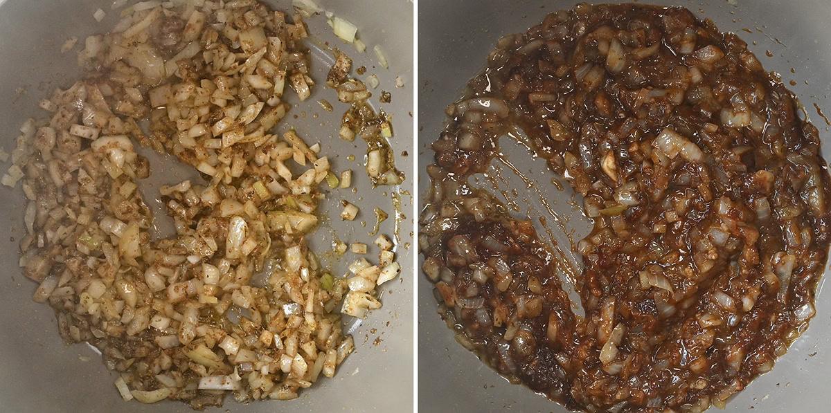 pan frying onions with spices and seasoning (left) and added chipotle paste (right)