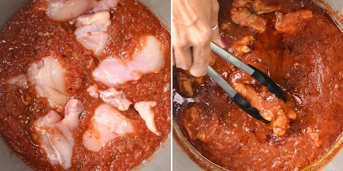 adding chicken thighs to tomato sauce (left) and taking the cooked chicken out of the pot (right)