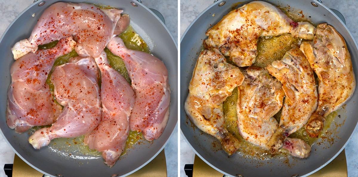 Side-by-side images show raw chicken legs sprinkled with seasoning in a pan on the left, and the same chicken partially cooked and browned in the same pan on the right.