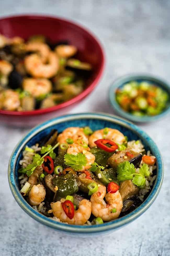 Eggplant Stir Fry with Prawns and Green Peppers