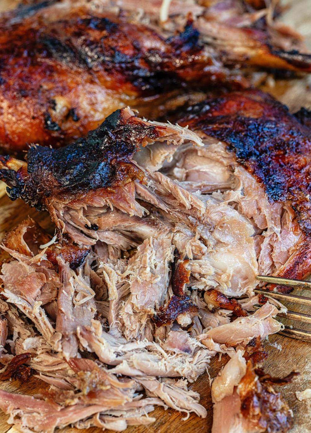 shredded Chinese duck cooked in an air fryer, close up