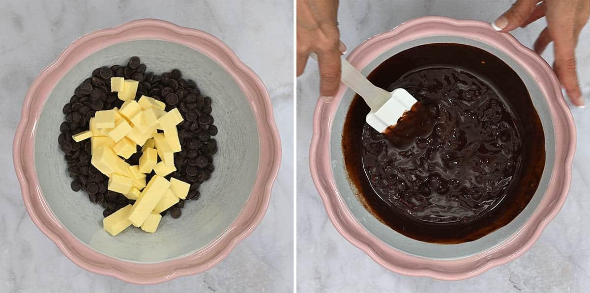 melting chocolate and butter in a mixing bowl, collage