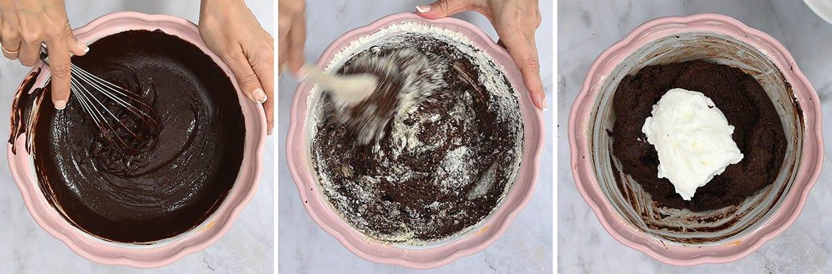 triptych showing how to make chocolate almond cake