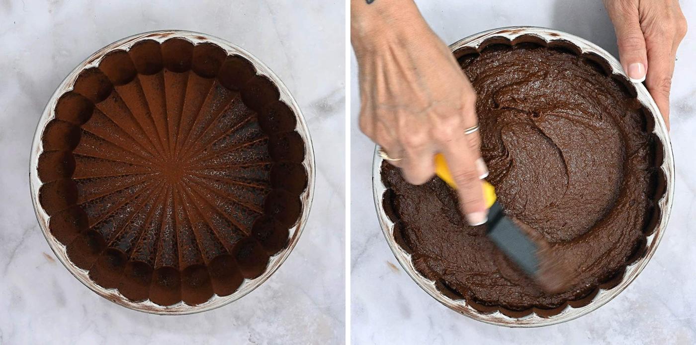 collage showing chocolate cake batter being levelled in a Charlotte cake pan
