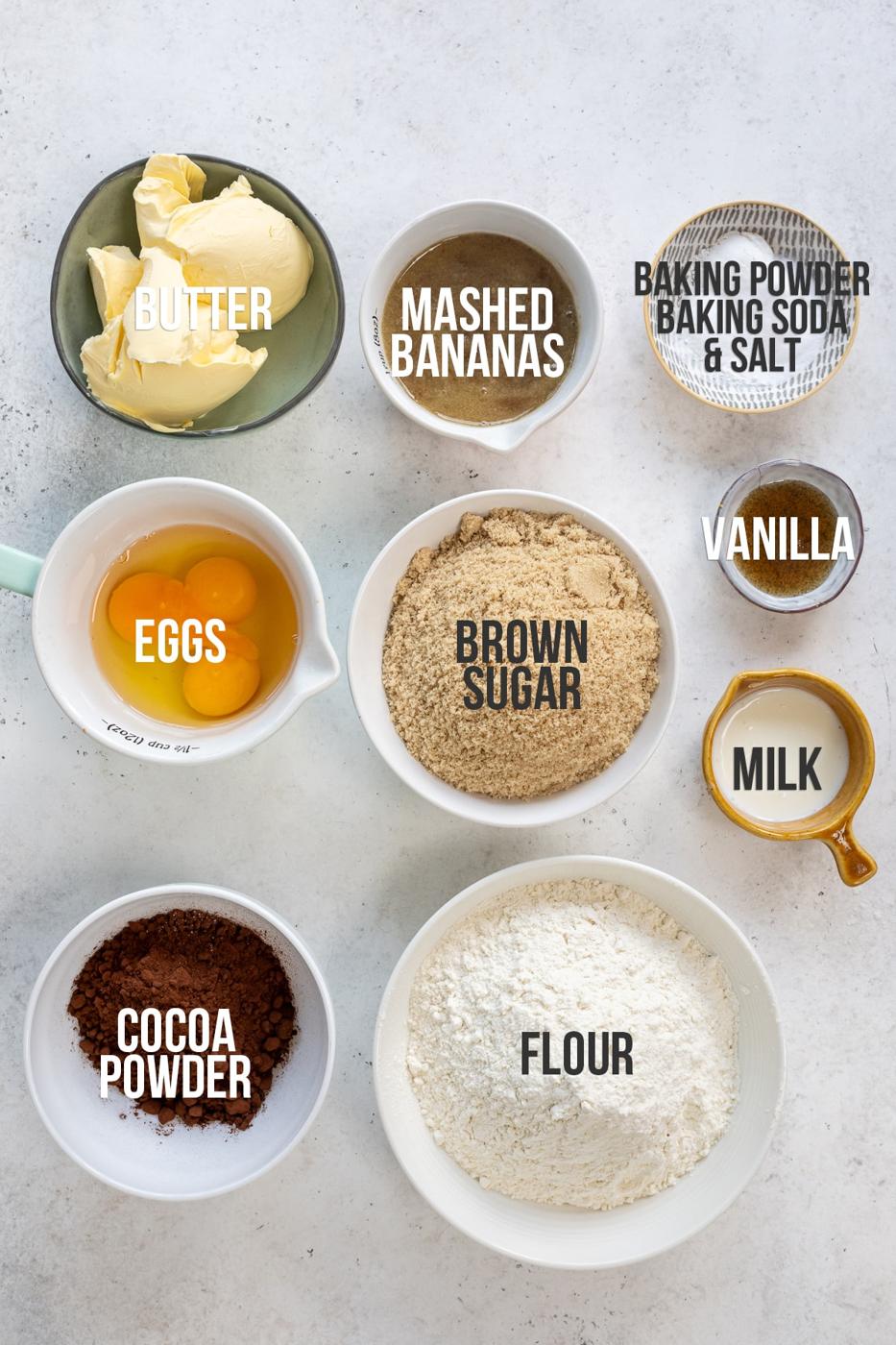 ingredients for chocolate banana bread, with captions