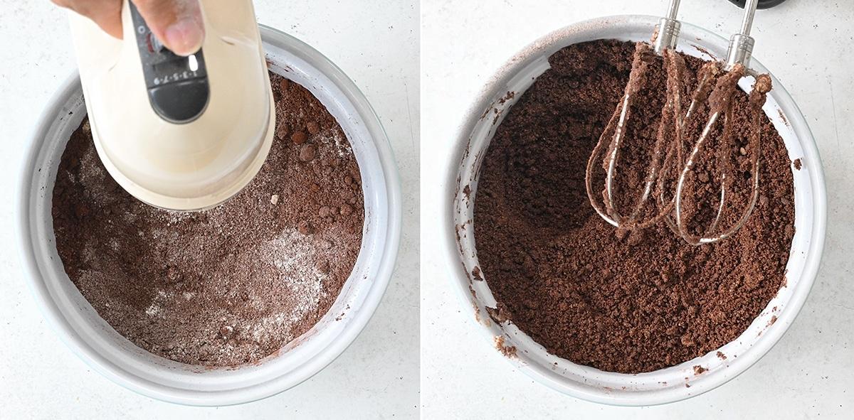 collage showing how to make chocolate banana cake