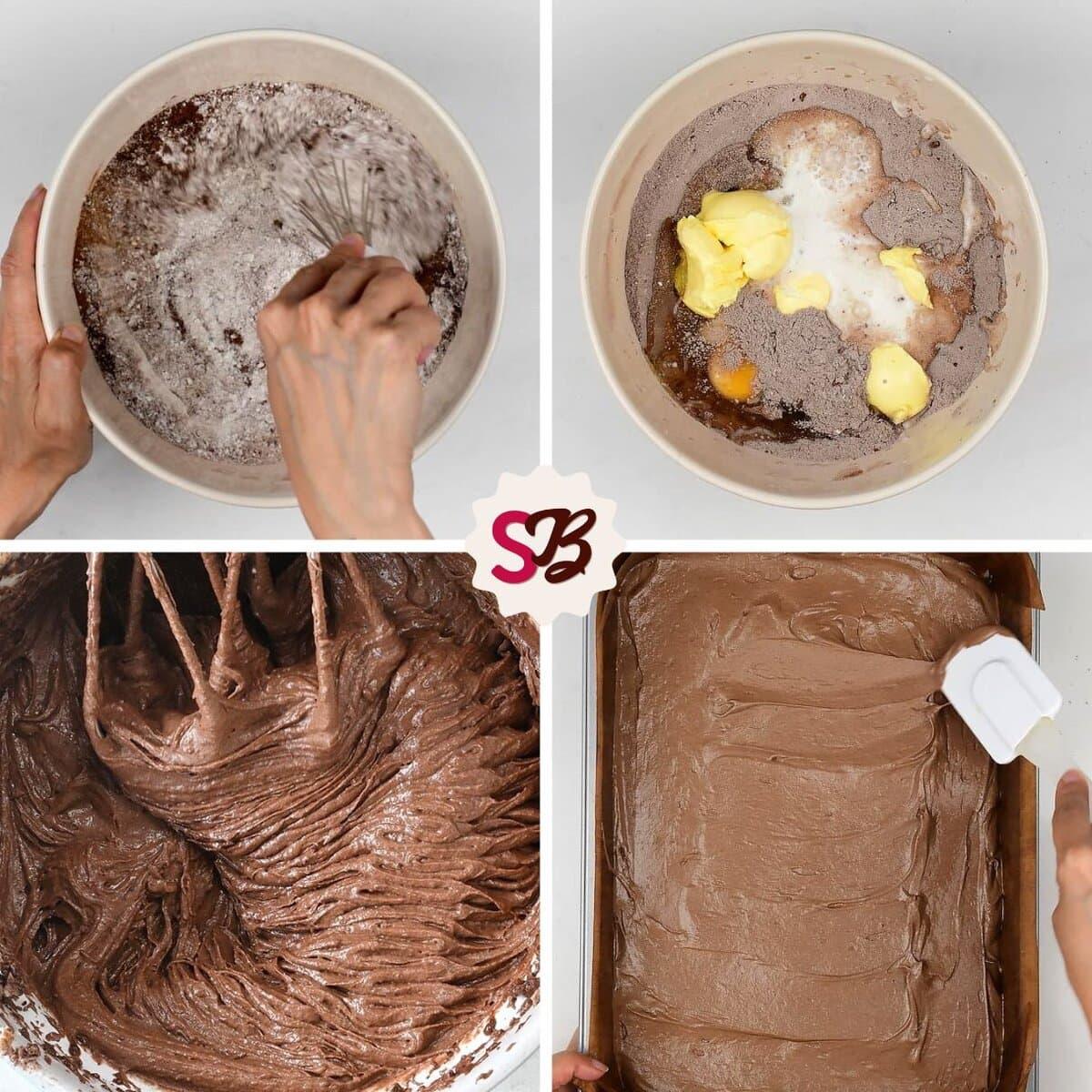 Four-step chocolate sheet cake-making process: Top left, mixing dry ingredients; top right, adding butter and eggs; bottom left, stirring thick chocolate batter; bottom right, smoothing batter in a pan with a spatula.